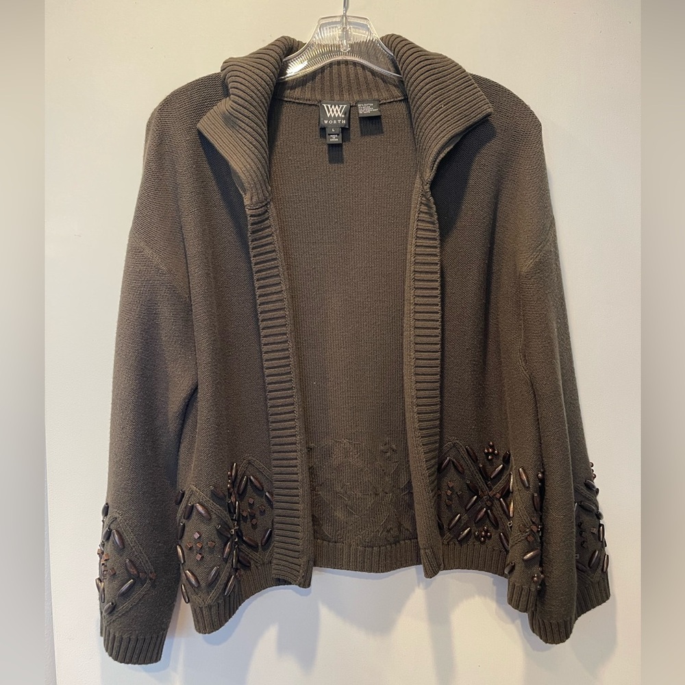 Worth WW Green Knit Cardigan Jacket L Beaded Wood Embellished 3/4 Sleeve